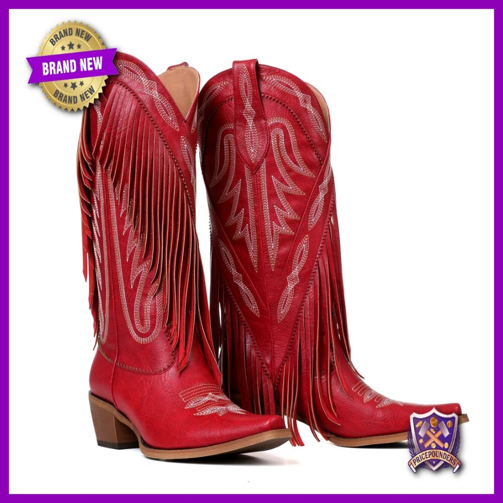 Fringe Knee High Cowgirl Boots Western Embroidery Chunky Heel Weddings Parties
